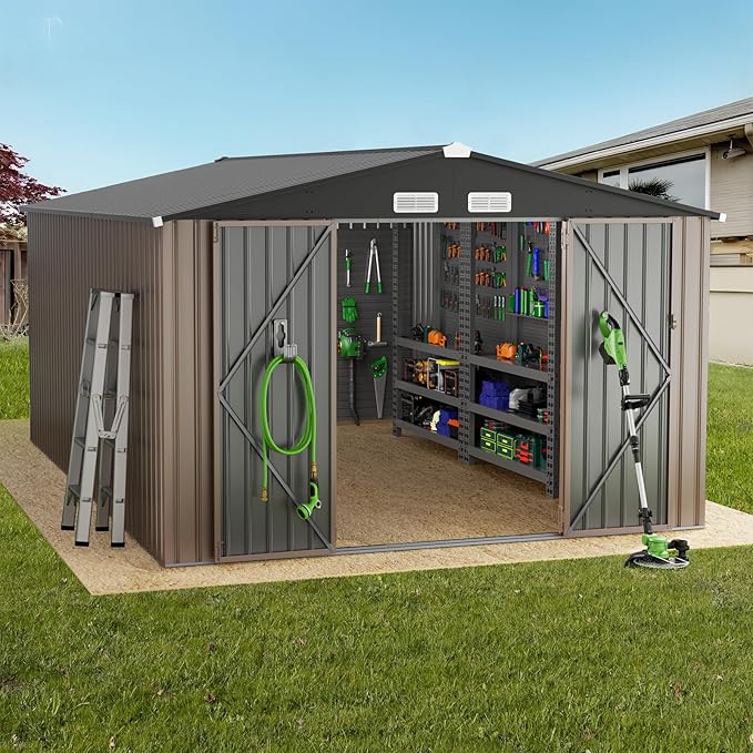 GVDV 10x14 FT Outdoor Metal Storage Shed, Durable Garden Shed with Updated Frame Structure for Backyard, Patio, Tool Storage, All-Weather Shelter for Bike, Gardening Tools, Lawn Mowers, Grey