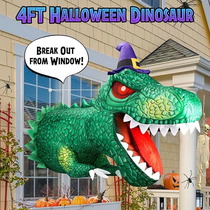 4Ft Halloween Inflatables Decorations Outdoor Dinosaur Broke Out from Window with Built-in LED Vivid T-Rex Blow Up Inflatable for Indoor Home Party Yard Garden Lawn Decor Green zu-74521
