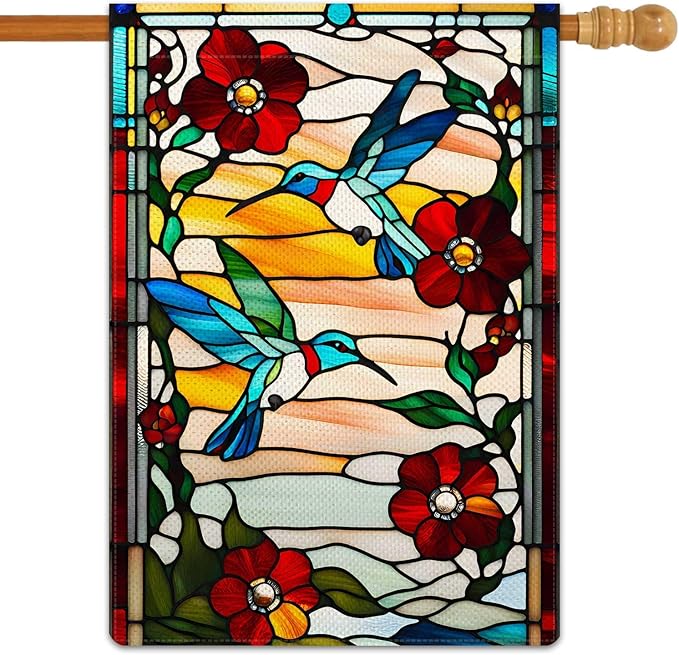 Spring Summer Hummingbird Garden Flag Glass Style Vertical Double Sided Rustic Farmland Burlap Yard Lawn Outdoor Decor 28x40"