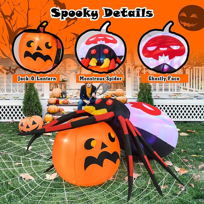 Goplus 5 Ft Length Halloween Inflatables, Spider Outdoor Decoration with Pumpkin, Magic Disco Light, Shimmering Red Eyes, Built-in LED Lights, Blow up Yard Decoration for Party, Yard, Lawn, Patio
