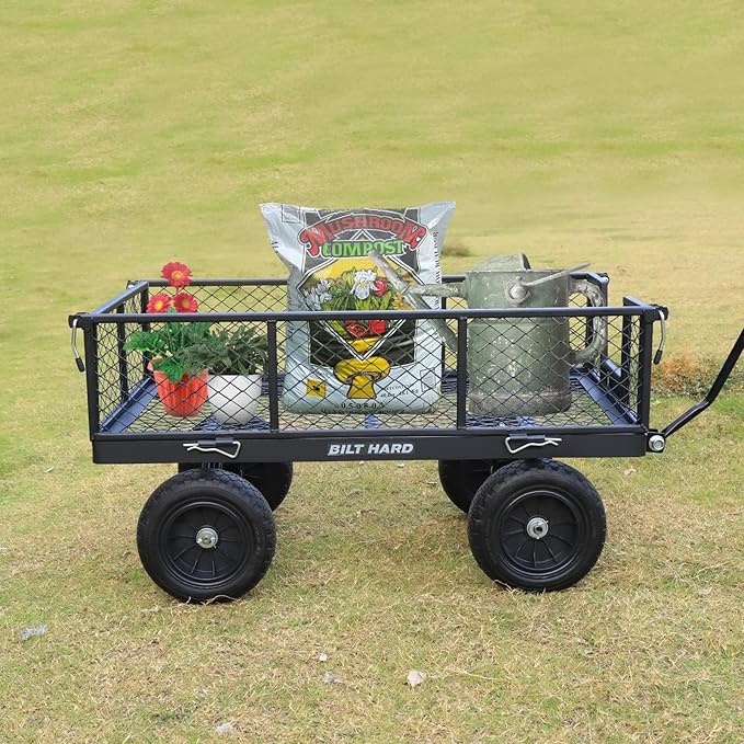 BILT HARD 880 lbs 10" Flat Free Tires Steel Garden Cart with 180° Rotating Handle and Removable Sides, Heavy Duty 4 Cu.Ft Capacity Utility Garden Carts and Wagons, Black