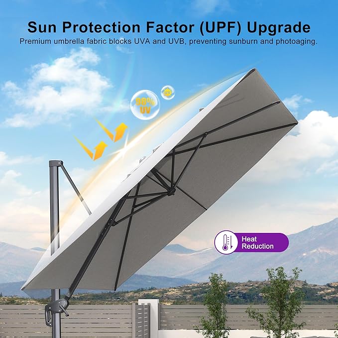 PURPLE LEAF 9' X 11.5' Rectangle Patio Umbrella Outdoor Large Aluminum Cantilever Umbrella with 3-Year Fade Resistance Recycled Fabric and 360-degree Rotation for Deck Pool Garden, Pebble Grey