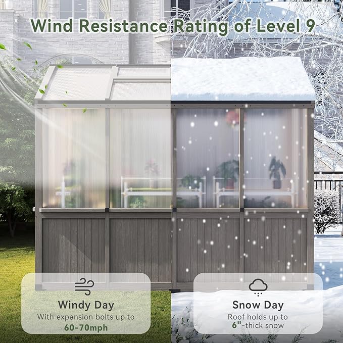 Aoxun 6x8 FT Wood Green House for Outdoors, Polycarbonate Panel Wooden Walk-in Greenhouse Kit with Automatic Temperature Control Roof Vent and Lockable Door, for Outside Backyard Garden, Gray