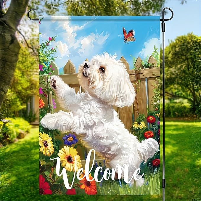 BlissYard Welcome Spring Summer Flowers Maltese Dog Garden Flag Lovely Floral Seasonal Home Decor Banner 12x18 Double Sided Funny Dog Garden Flag Farmhouse Outdoor Yard Decoration Flag