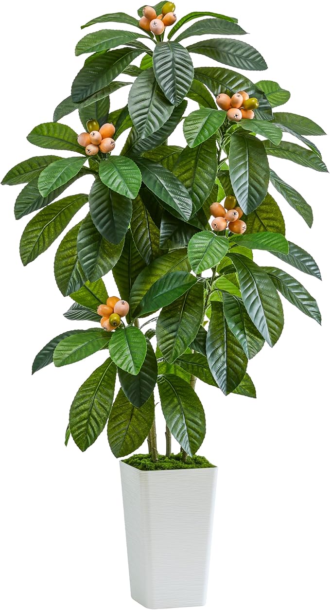 Artificial Loquat Tree 5FT Japanese Medlar Tropical Fruiting Tree Tall Artificial Plants Indoor-Loquat Tree Large Fruiting Silk Tree for Home Office Living Room Decor Indoor (White Tall Planter)