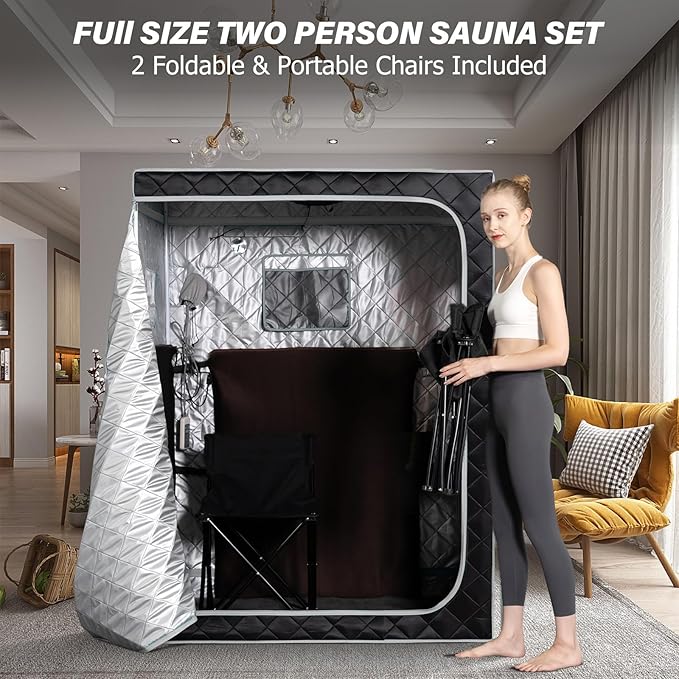 Smartmak Portable Far Infrared Sauna, Home Two Person Sauna Box with 660nm Red Light Therapy Lamp, X-Large Full Size Indoor SPA Tent for Body Recovery, Remote Control, 2 Folding Chairs, Greyborder