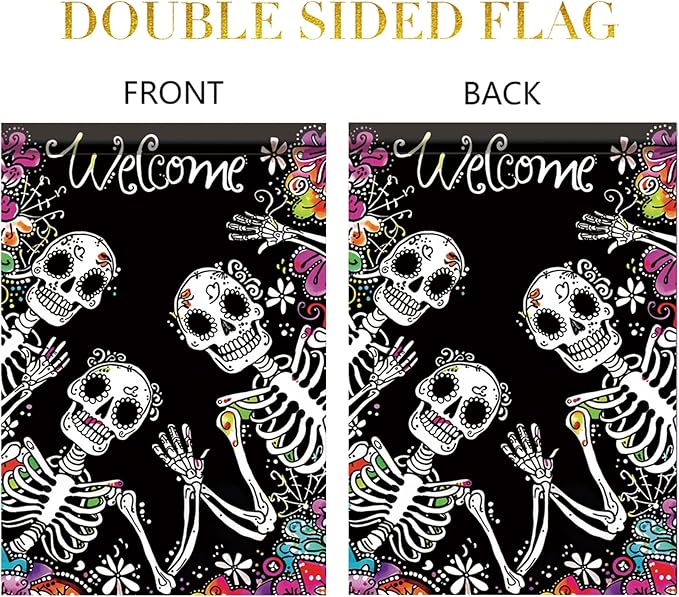 Halloween Skeleton Garden Flag 12x18 Inch Double Sided for Outside Skeletons with Flowers Yard Flag for Outdoor Holiday Home Decor