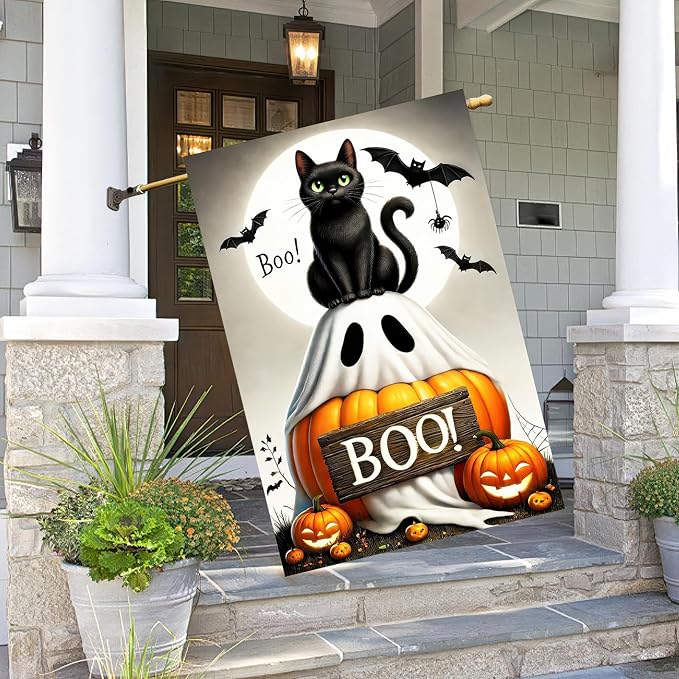 Halloween Garden Flag 12x18 inch Double Sided Boo Black Cat Flags Pumpkin Banner Spooky Bat Moon Small Yard Flag for Fall Outdoor Halloween Party Decoration