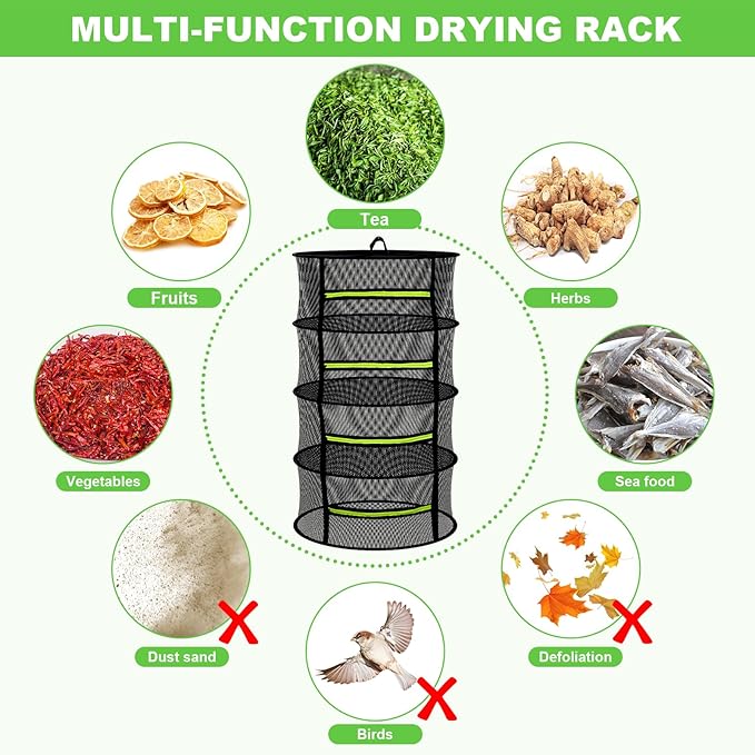 4 Layer Herb Drying Rack Hanging, Plant Drying Rack, Bud Drying Net,Foldable Hanging Dry Rack Net with Green Zipper, Garden Shears & Hooks, for Herbs, Seeds Indoor/Outdoor (23.62")