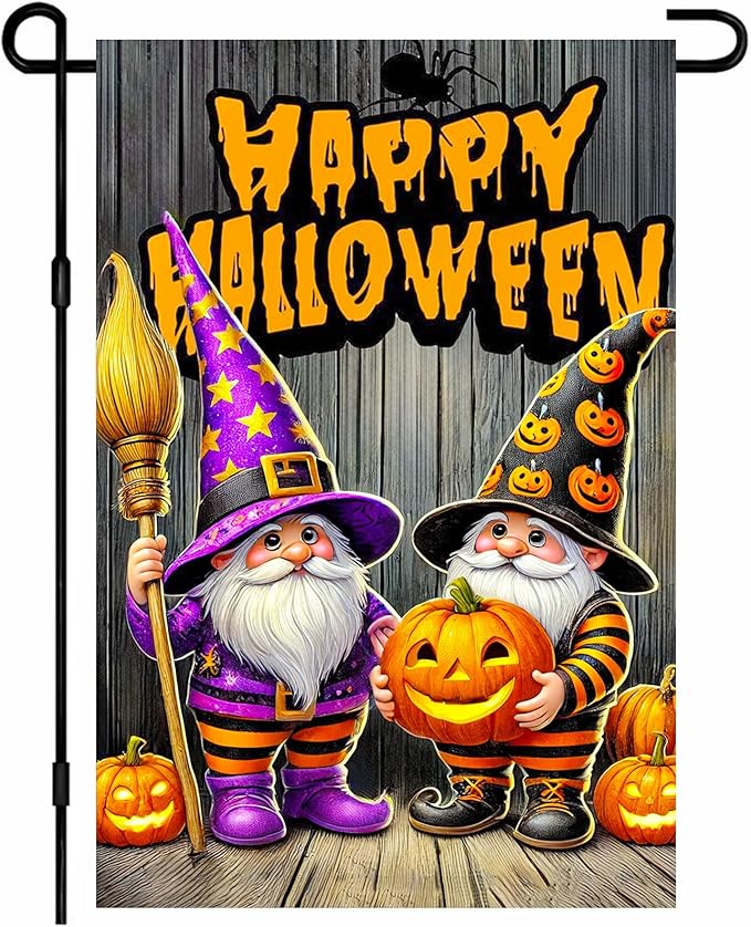 Halloween Horror Garden Flag 12x18 Inch Pumpkin Gnome Happy Halloween Flag Lantern Flames Outdoor Yard Decor House Banner Porch Lawn Patio Home Decoration
