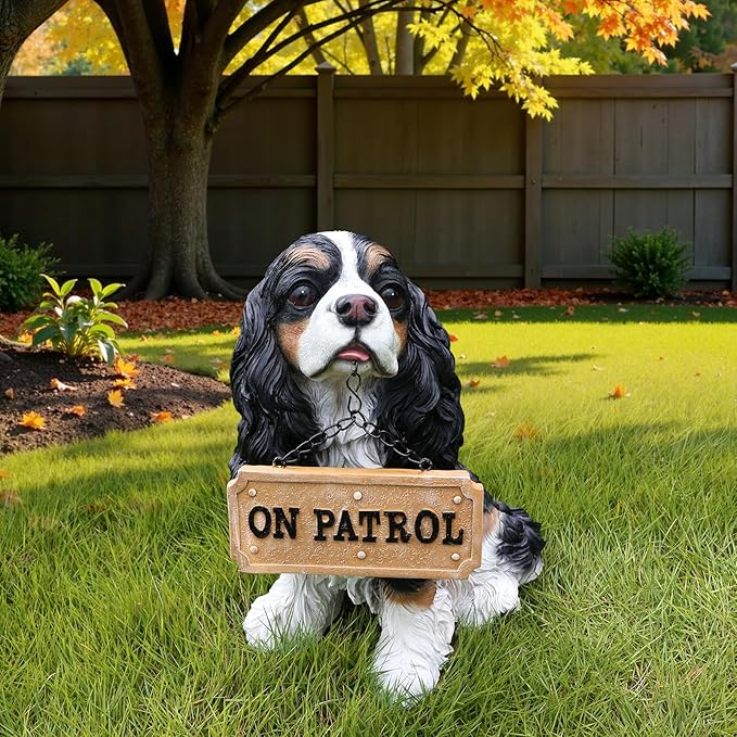 Cavalier King Charles Spaniel Outdoor Dog Statue with Reversible “Welcome/ON Patrol” Hanging Plaque and Solar Porch Lantern, Black & White Sitting