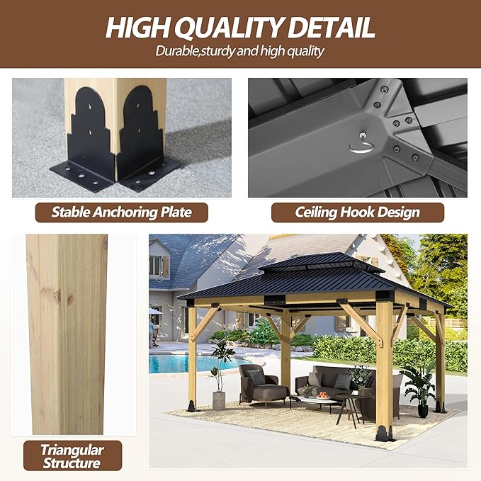 13'x15' Wood Gazebo,Outdoor Hardtop Gazebo with Galvanized Steel Doule Roof, Wooden Frame Gazebos for Patio Backyard Deck