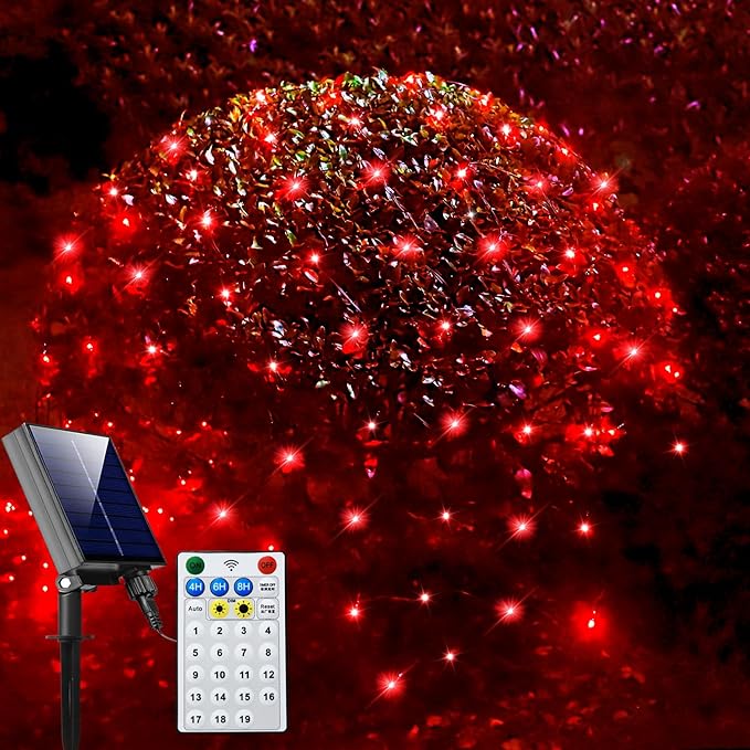 Solar Net Lights Outdoor Mesh Lights Christmas Decorations, 200LED String Tree Wrap Waterproof 19 Modes for Bushes, Fence,Garden, Shrubs,Trunk, Halloween,Xmas Decor (Red, 9.8ft x 6.6ft)