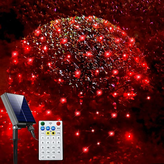 Solar Net Lights Outdoor Mesh Lights Christmas Decorations, 200LED String Tree Wrap Waterproof 19 Modes for Bushes, Fence,Garden, Shrubs,Trunk, Halloween,Xmas Decor (Red, 9.8ft x 6.6ft)