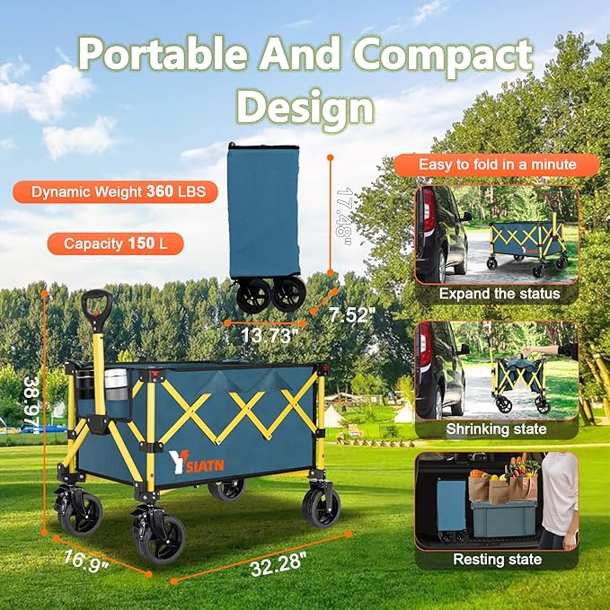 Collapsible Wagon Cart with Wheels Foldable, Folding Wagons Carts with All Terrain Wheels, Large Grocery Cart On Wheels, Heavy Duty Utility Wagon for Shopping Beach Sports Fishing Camping, 110L, Green