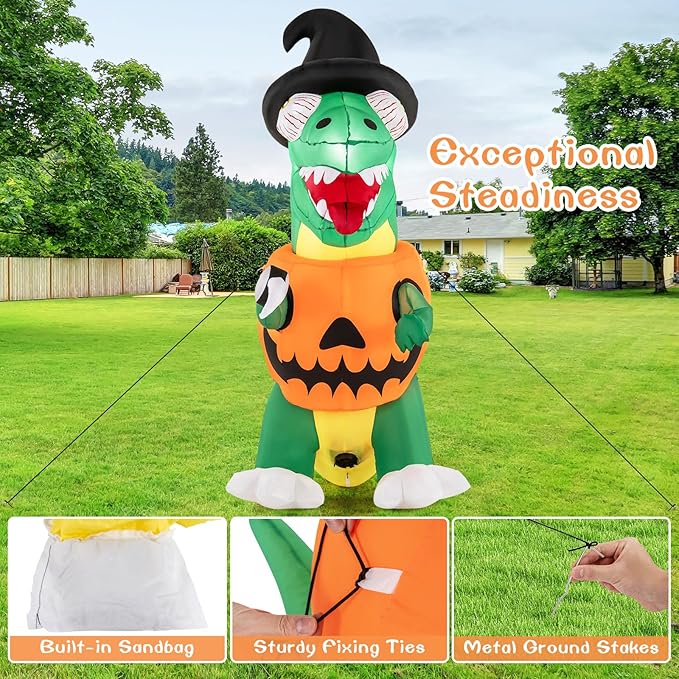 Goplus 6 FT Inflatable Pumpkin Dinosaur, Blow up Yard Decoration with Built-in LED Lights & Witch Hat, Halloween Inflatable Decoration with Stakes, Tethers & Sandbag, for Garden, Yard & Lawn