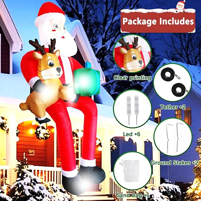 9.5Ft Christmas Inflatables Outdoor Decoration, Giant Sitting Santa Claus & Reindeer with Gift Box Christmas Inflatable with LED Light Blow Up Yard Decorations for Xmas Roof Eaves Lawn