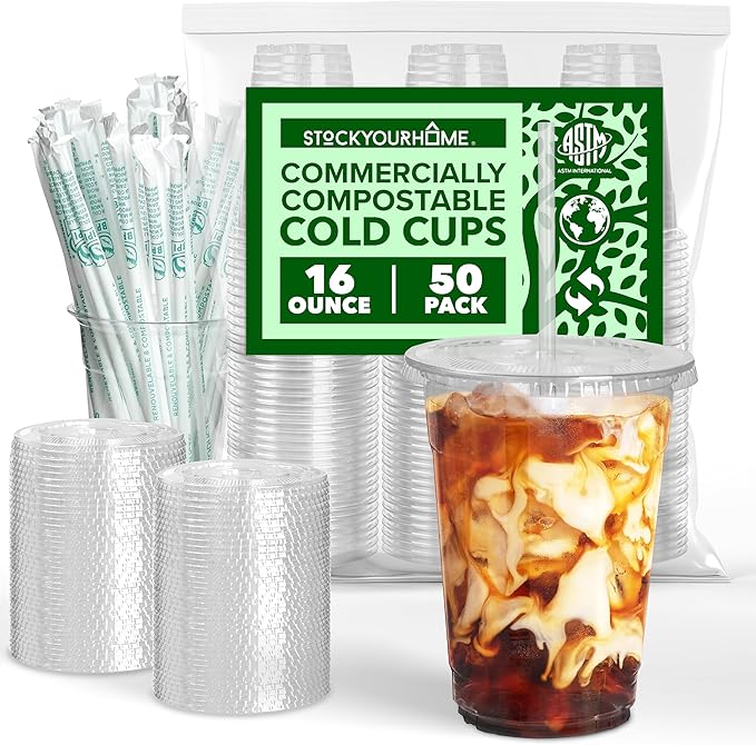 Stock Your Home 16 oz Premium Commercially Compostable Cold Cups (50 Pack), Eco Party Cup, Environmentally Friendly Disposable Sustainable for Water, Wine, Beer Sample