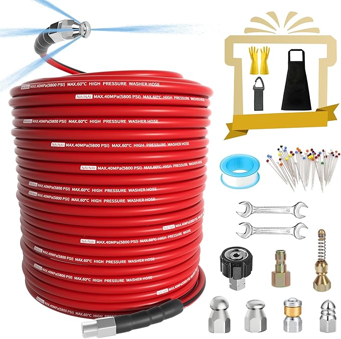 NaiNai 200FT Sewer Jetter Kit for Pressure Washer,1/4 Inch NPT Sewer Jetting Hose,Pressure Washer Drain Cleaner Hose 5800PSI with Sewer Jetter Nozzles, Gloves, Waterproof Tape, Apron (200FT)