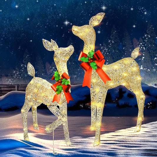 38in Christmas Deer Set Decoration for Outdoor Yard 2pc Deers, Lighted up Reindeer Outdoor Decor Champagne Gold Christmas Doe Fawn with Bow, for Christmas Tree Porch Holiday Display