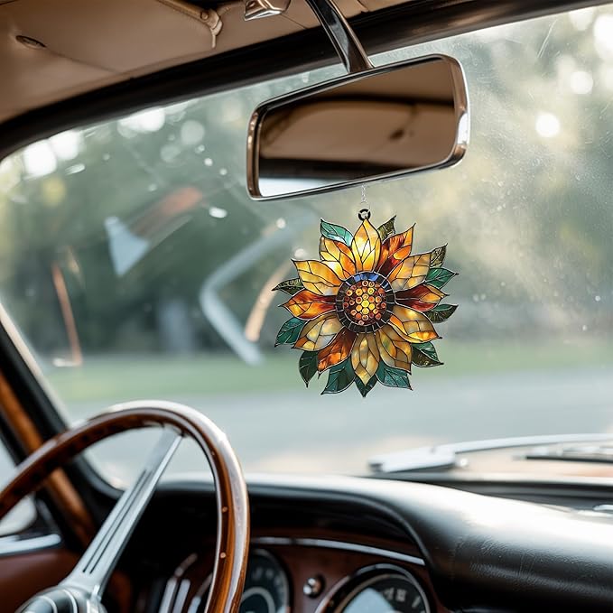 Golden Sunflower Acrylic Suncatcher Stained Glass Effect Window Car Hanging Christmas Ornament Indoor Outdoor Decor Garden Sun Catcher Panel for Sunflower Lover for Women Mom Grandma