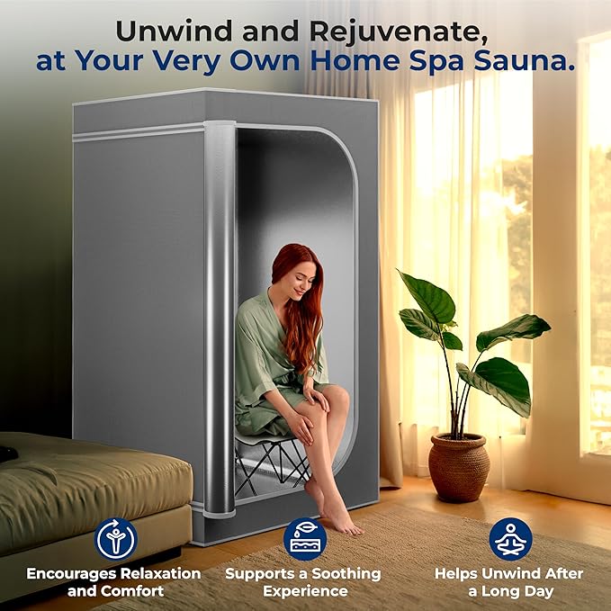 SereneLife Portable Full Size Home Spa| One Person Sauna | with Heating Foot Pad and Portable Chair (Steam Gray)