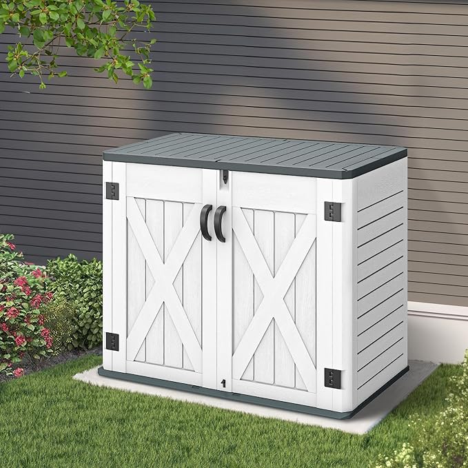 YITAHOME Outdoor Resin Storage Sheds with X-Shaped Lockable Door, 39 in Height Lockable Waterproof Horizontal Shed w/o Shelf, Easy to Assemble Shed Storage for Garden Tools, Light Gray