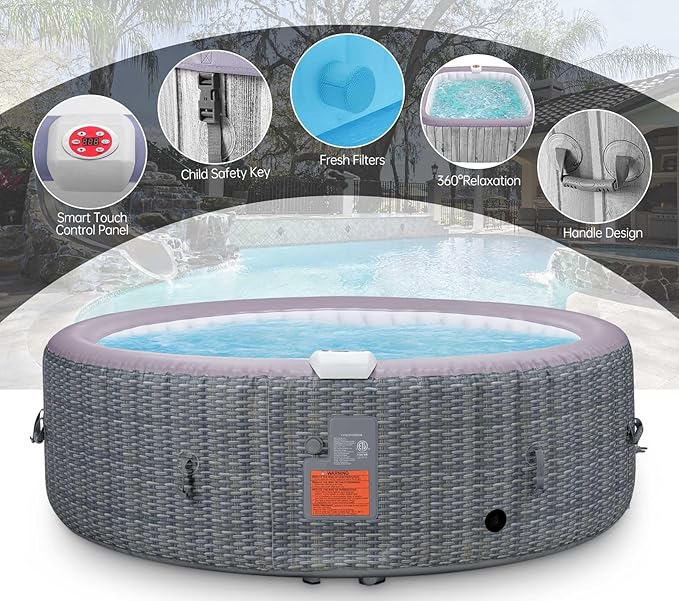 73" Inflatable Round Hot Tub for 2-6 Adults, Portable Outdoor Spa with 130 Air Jets, 1350W Heater, Rattan Look, Blow Up Bubble Tub for Patio, Deck, Backyard (Round Laminated PVC)
