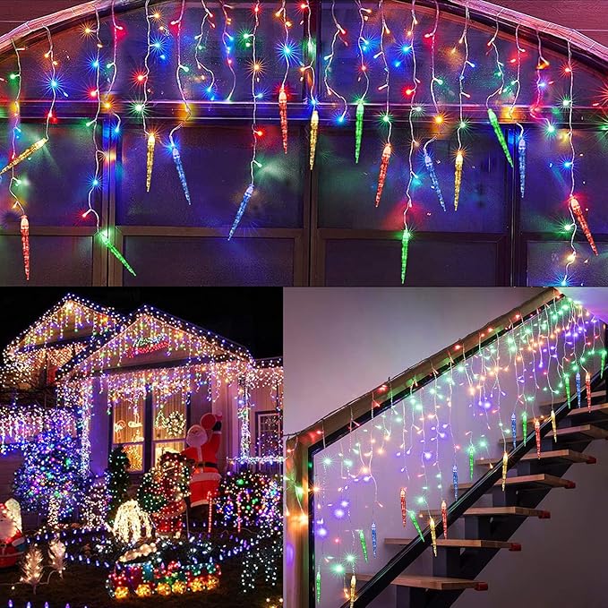 Christmas Icicle Lights, 29.5ft 360 LED Connectable Icicle String Lights with 60 Drops, Window Curtain Icicle Lights with 8 Modes, Icicle Fairy Twinkle Lights for Christmas Decorations (Multicolor)