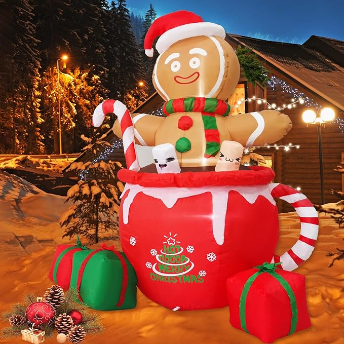 Gardwin 6ft Gingerbread Christmas Inflatable Outdoor Decoration, Christmas Outdoor Decoration Blow up Gingerbread Mug Yard Decorations Clearance with Built-in LEDs for Indoor Garden Lawn Party Decor