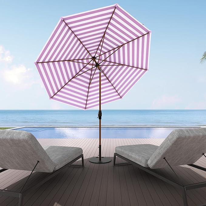 Midtown Umbrellas Wooden 2-9 Feet Outdoor Patio Umbrella, Terylast Purple & White Stripes Fabric, Aluminum Frame For Backyard Umbrella, Deck Umbrella, Garden Umbrella & Pool Umbrella - Wooden Pole