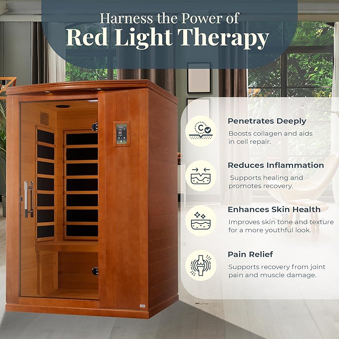DYNAMIC SAUNAS Venice Elite 2-Person Ultra Low EMF FAR Infrared Sauna with Red Light Therapy & Bluetooth Speakers | Personal Indoor Dry Heat Sauna for Home & Gym – Made from Canadian Hemlock