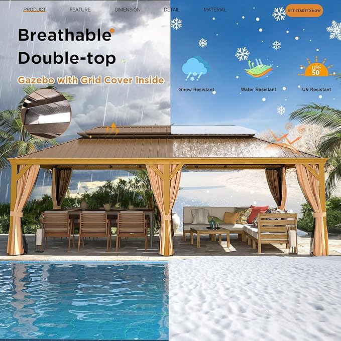 EROMMY 14'x24' Hardtop Gazebo, Galvanized Steel Double Roof with Wood-Looking Aluminum Frame, Outdoor Permanent Metal Pavilion with Curtains and Nettings for Patio, Backyard and Deck