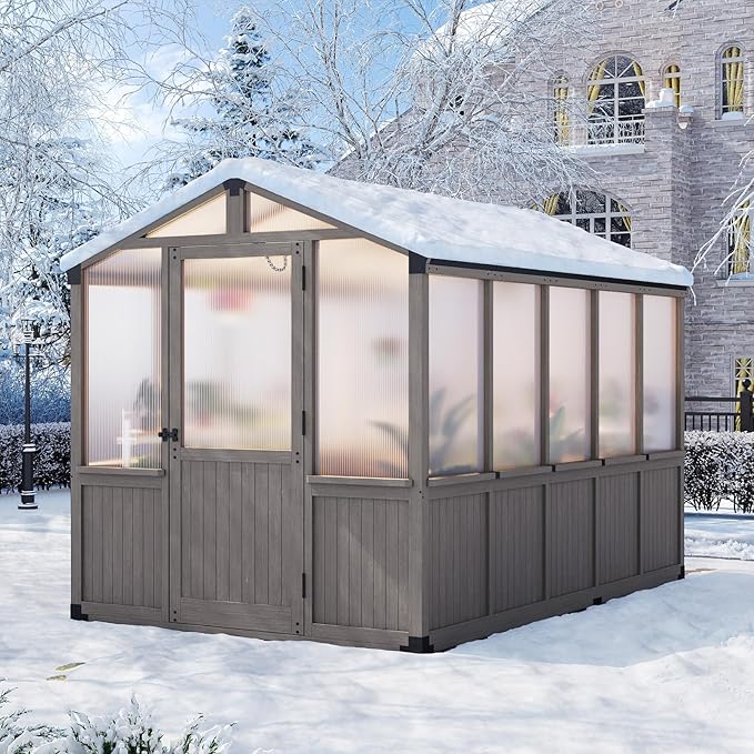 Aoxun 6x10 FT Wood Green House for Outdoors, Polycarbonate Panel Wooden Walk-in Greenhouse Kit with Automatic Temperature Control Roof Vent and Lockable Door, for Outside Backyard Garden, Gray