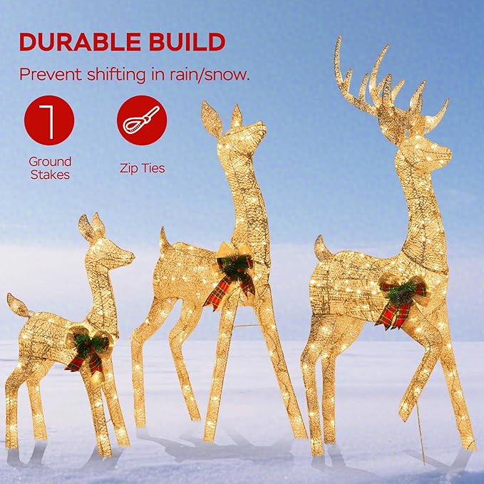 Outdoor Reindeer Family Christmas Decor, 3-Piece Large Golden Deers (Buck/Doe/Fawn) Holiday Xmas Lawn Decorations, with 300 Warm White LED Lights, Prefect for Yard, Garden