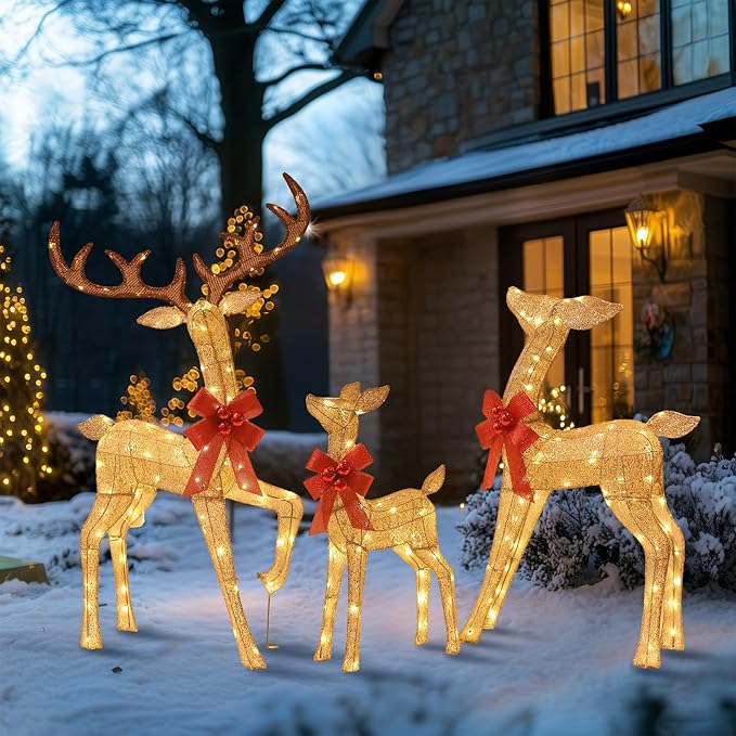 3D Reindeer Family Christmas Decor Set 4.5Ft Lighted Christmas Reindeer/Deer Family Set Outdoor Christmas Yard Decorations with Stakes & Zip Ties for Holiday Lawn Patio Party
