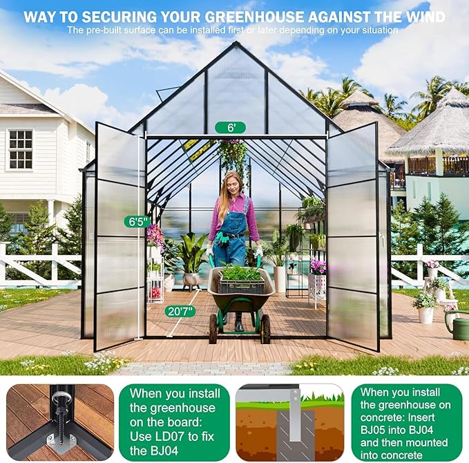CDCASA 10x20 FT Greenhouse for Outdoors,Large Easy Assembly Large Polycarbonate Greenhouse Aluminum Greenhouses w/4 Vents Window, Swing Door Walk-in Green House for Ouside,Backyard,Garden, Black