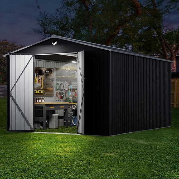 10x14 FT Outdoor Storage Shed, Metal Shed with Lockable Door, Large Heavy Duty Tool Sheds, Outside Waterproof Storage Building