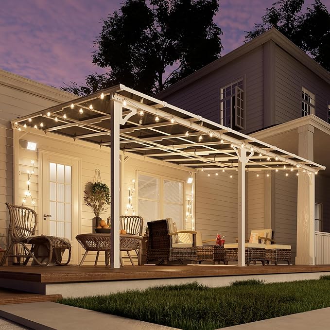 MEISSALIVVE 12' x 16' Wall Mounted Lean to Metal Awning with Sloped Roof, Outdoor Patio Gazebo Awning for Backyard, Deck, White
