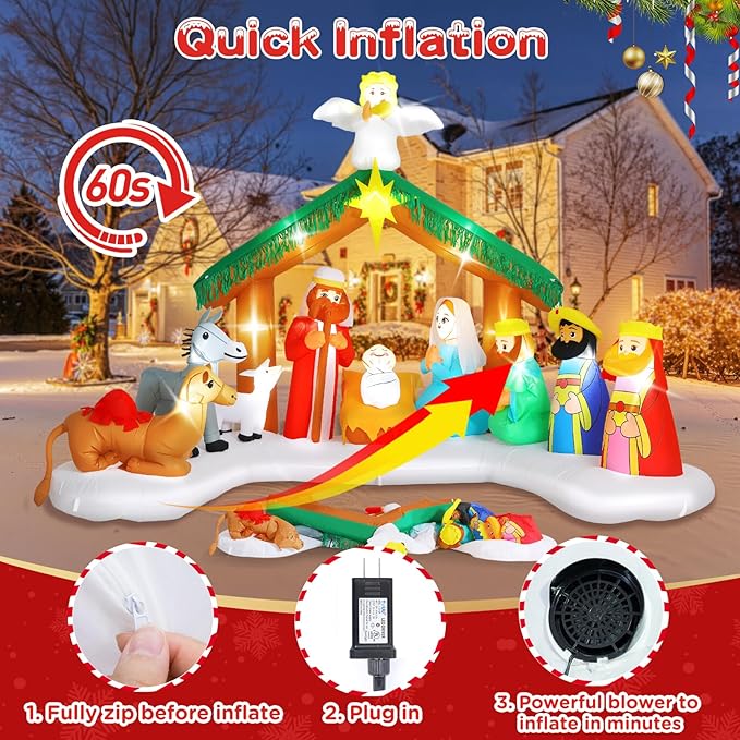 Elegear 12FT Christmas Inflatables Nativity Scene Outdoor Decorations, Giant Christmas Blow Ups Inflatables with Built-in LED Lights & Manger Scene, Large Nativity Set Outdoor for Yard Lawn Xmas Decor