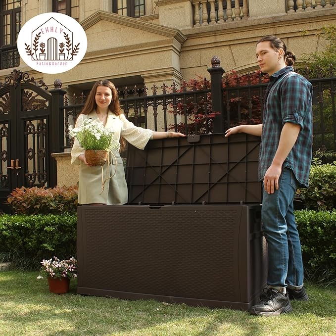 121 Gallon Outdoor Storage Box Large, Lockable Outside Storage Containers Waterproof Patio Cushions Storage Deck Boxes, Rattan Plastic Garden Hose Storage Boxes Resin Pool Storage Bins, Brown