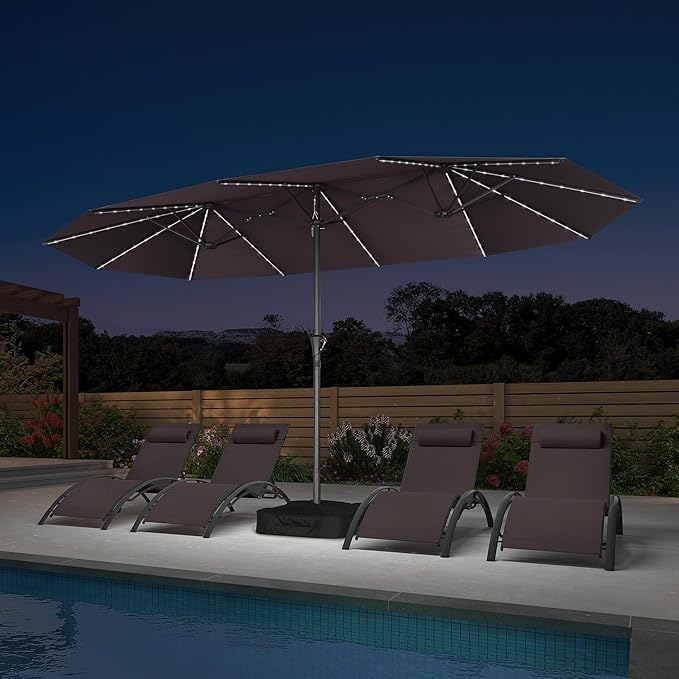 PURPLE LEAF 14ft Patio Umbrella with Solar Lights Outdoor Double-Side Market Umbrella with Base Included Rectangle Table Umbrella for Pool Garden Backyard, Light Grey