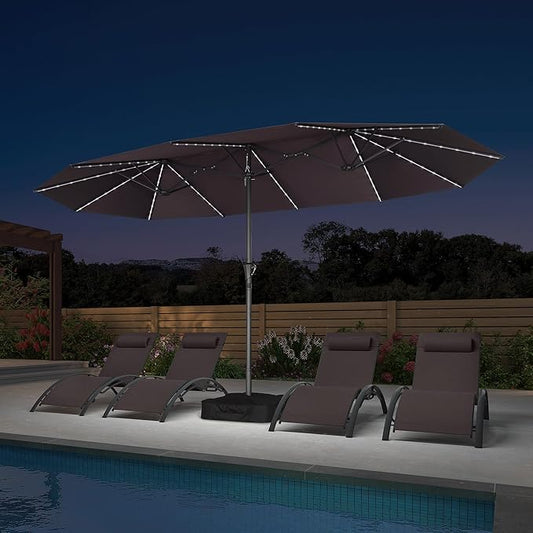 PURPLE LEAF 14ft Patio Umbrella with Solar Lights Outdoor Double-Side Market Umbrella with Base Included Rectangle Table Umbrella for Pool Garden Backyard, Light Grey