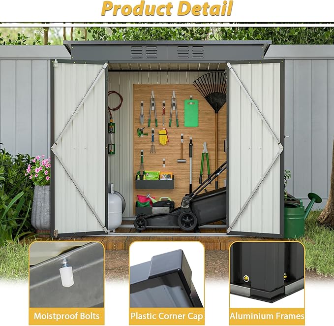 6x4 FT Shed Outdoor Storage Metal Large Garden Tool Sheds with Lockable Doors Floor Frame Sloped Roof Waterproof Steel Utility Equipment Shed for Backyard Patio Lawn Poolside, Black
