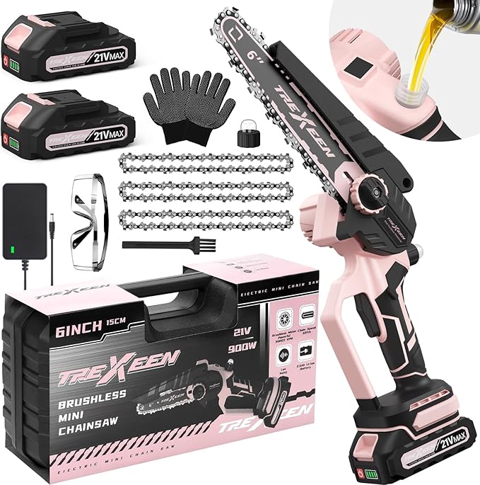 Mini Chainsaw, 6-Inch Electric Chainsaw Cordless, Upgraded 900W Brushless Portable Handheld Small Chain Saw with Auto Chain Regulator & Auto Oiler for Wood Cutting/TreeTrimming/Courtyard (Pink)