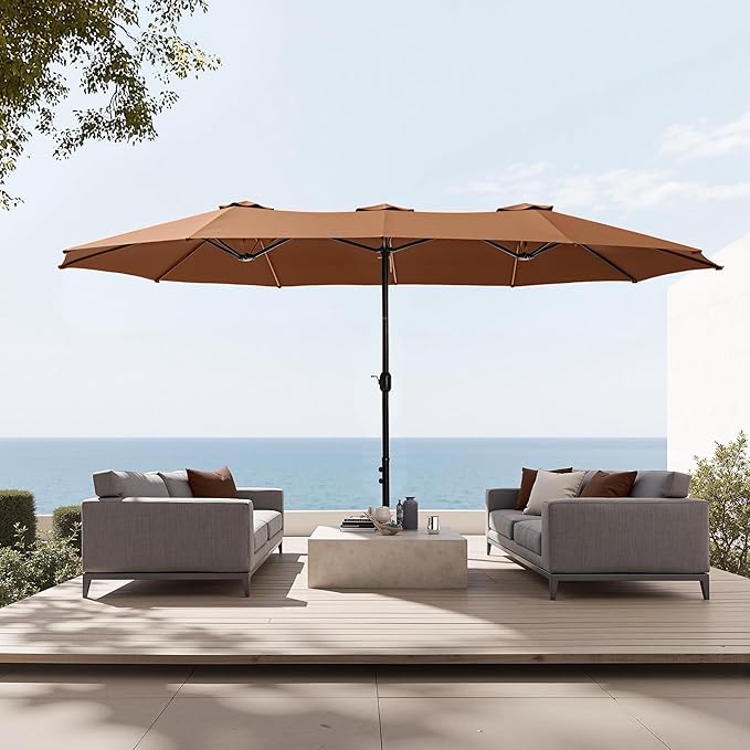 Sophia & William 15 ft Extra Large Patio Umbrella with Base Included, Rectangular Outdoor Umbrella Heavy Duty, Market Umbrella Double-sided Fade Resistant for Pool Garden Backyard, Maillard Tawny