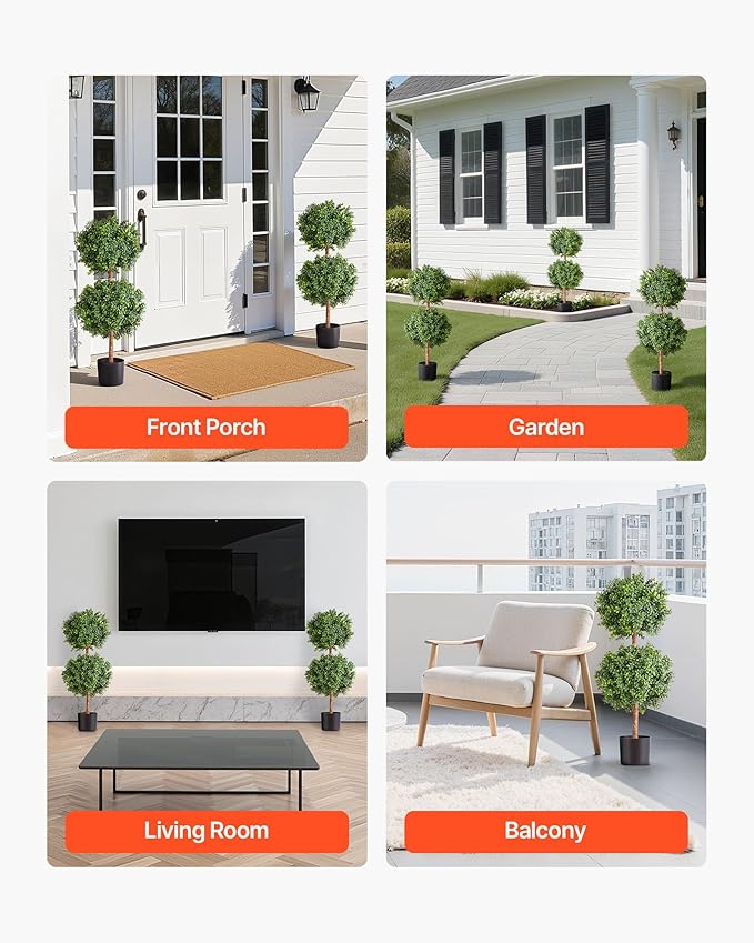 VEVOR Artificial Topiary Boxwood Double Ball, 2 Set 36 inch Faux Boxwood Plant Balls, Fake Silk Tree Look Real, Easy Assembly for Decor Front Porch Outdoor Patio Garden Balcony Backyard Indoor