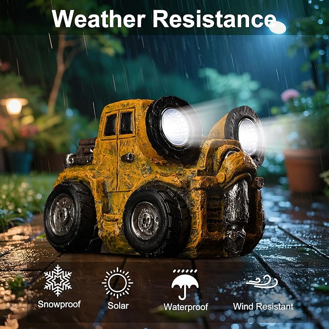Garden Statue Outdoor Construction Vehicle Decor with Solar Light Decoration for Yard Patio Lawn Vintage Engineering Decor Gifts for Women