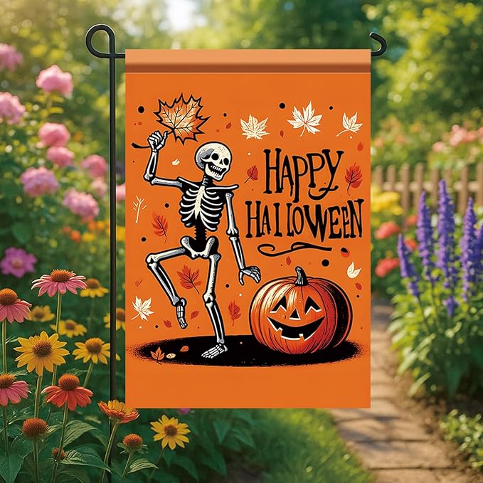 Halloween Garden Flag Skeleton Pumpkin Flag Outdoor Fall Yard Decor 12x18 Inch Double Sided Decorative Banner for Lawn Patio Holiday Party Decoration Spooky Autumn Seasonal House Flag