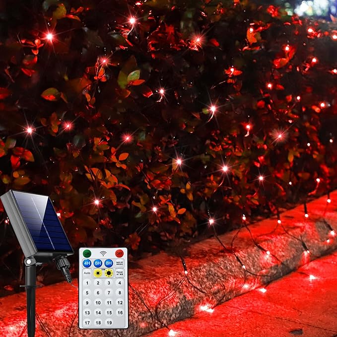 Solar Net Lights Outdoor Mesh Lights Christmas Decorations, 200LED String Tree Wrap Waterproof 19 Modes for Bushes, Fence,Garden, Shrubs,Trunk, Halloween,Xmas Decor (Red, 9.8ft x 6.6ft)